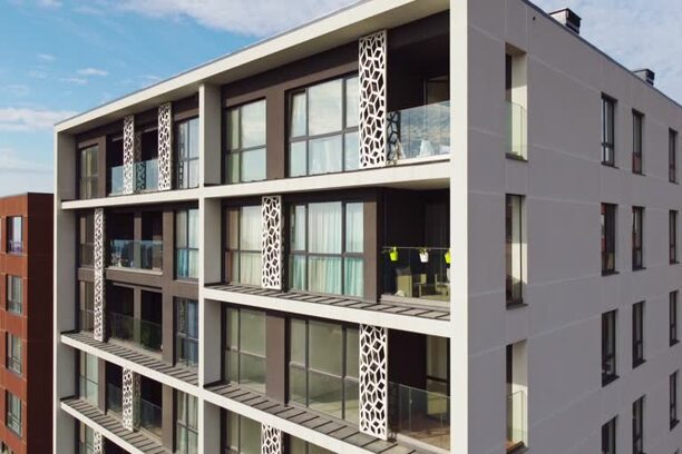 Modern european complex of apartment buildings. Aerial top view