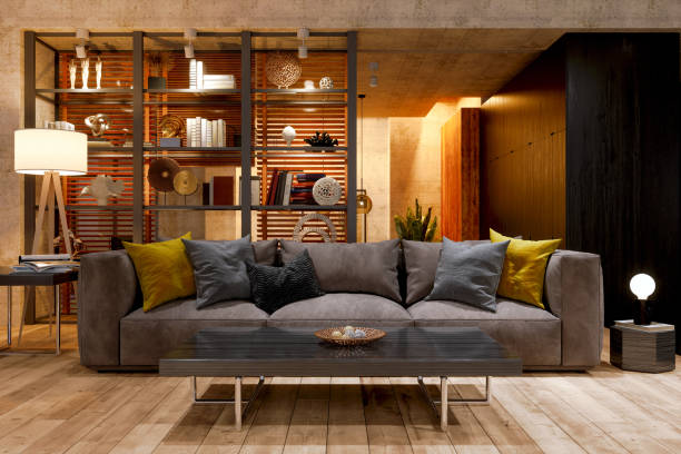 Luxury Living Room At Night With Sofa, Floor Lamp And Parquet Floor.